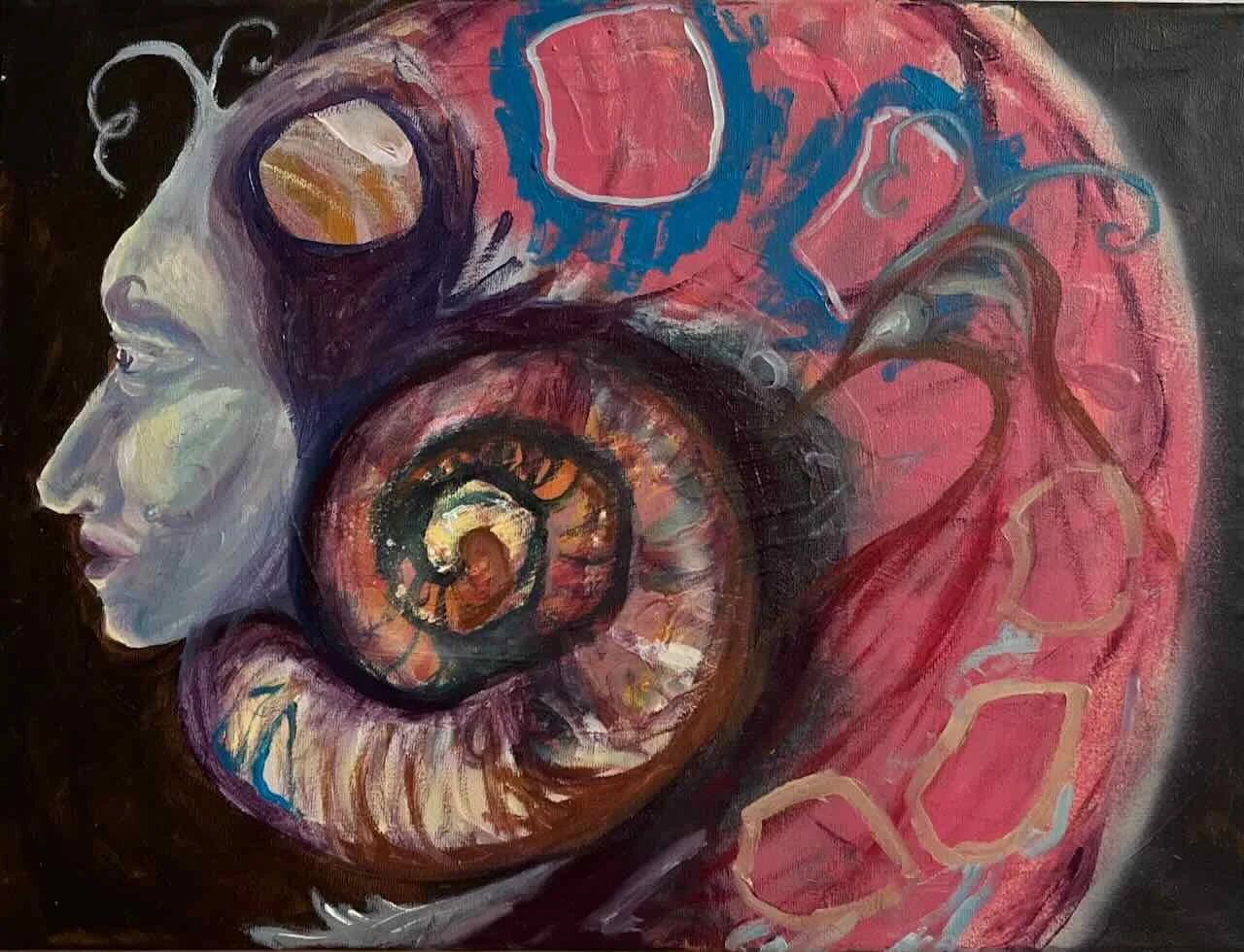 Die freie Frau – figurative Malerei in Rot und Blau