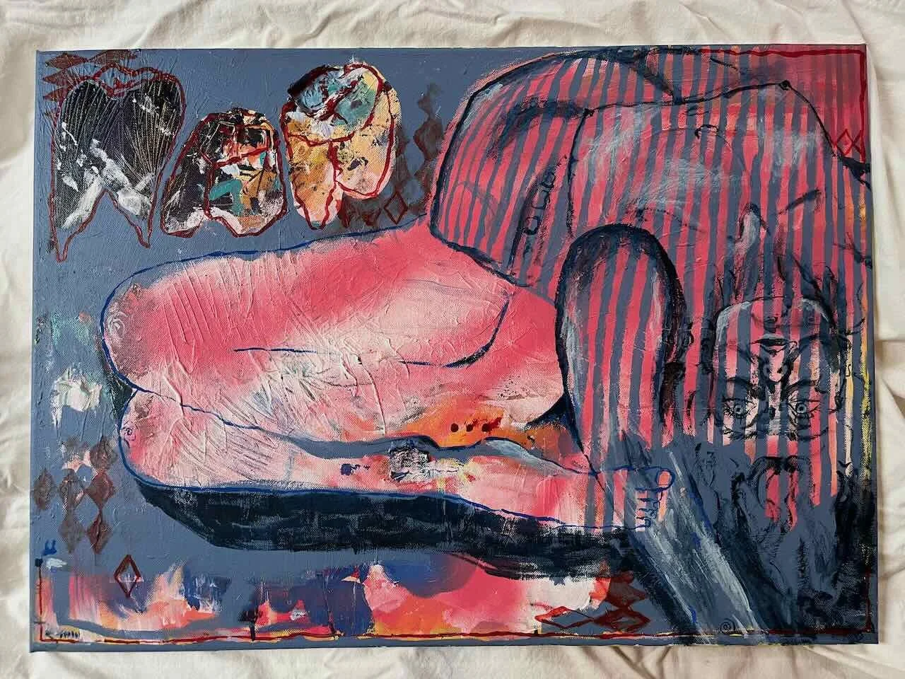 Musterbruch – abstrakt-figurative Malerei in Rot und Blau