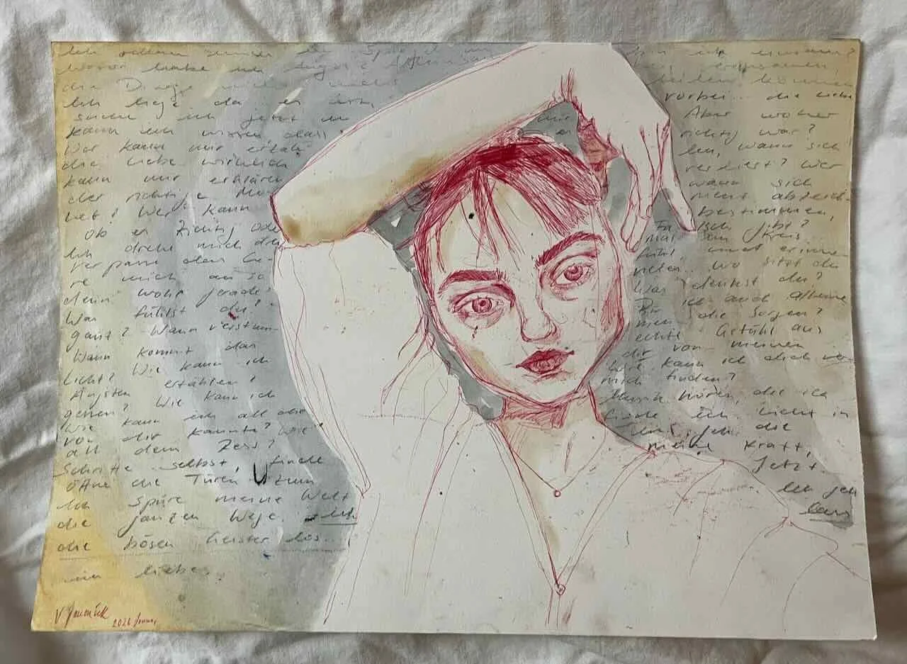 Rotes Selbstportrait auf beschriebenem Papier